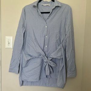 Zara Shirt Womens Blue Stripe Embroidered Button Up Long Sleeve Tie Waist